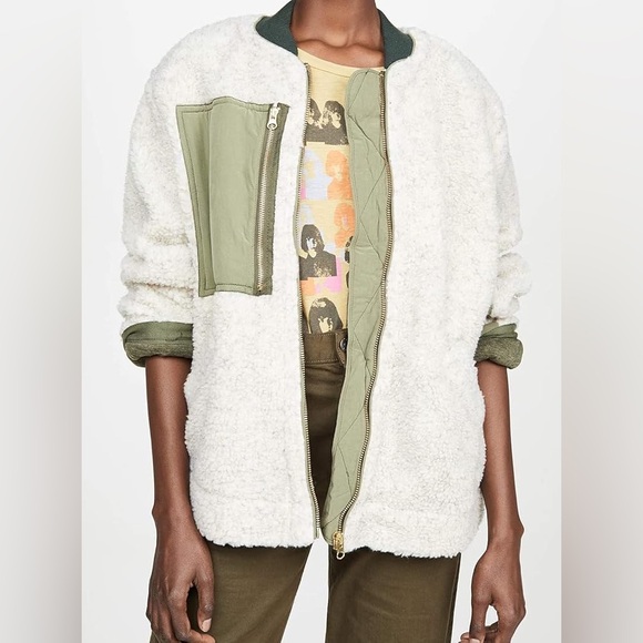 NWT Free People Rivington Sherpa jacket in green cream desert combo - Picture 5 of 10